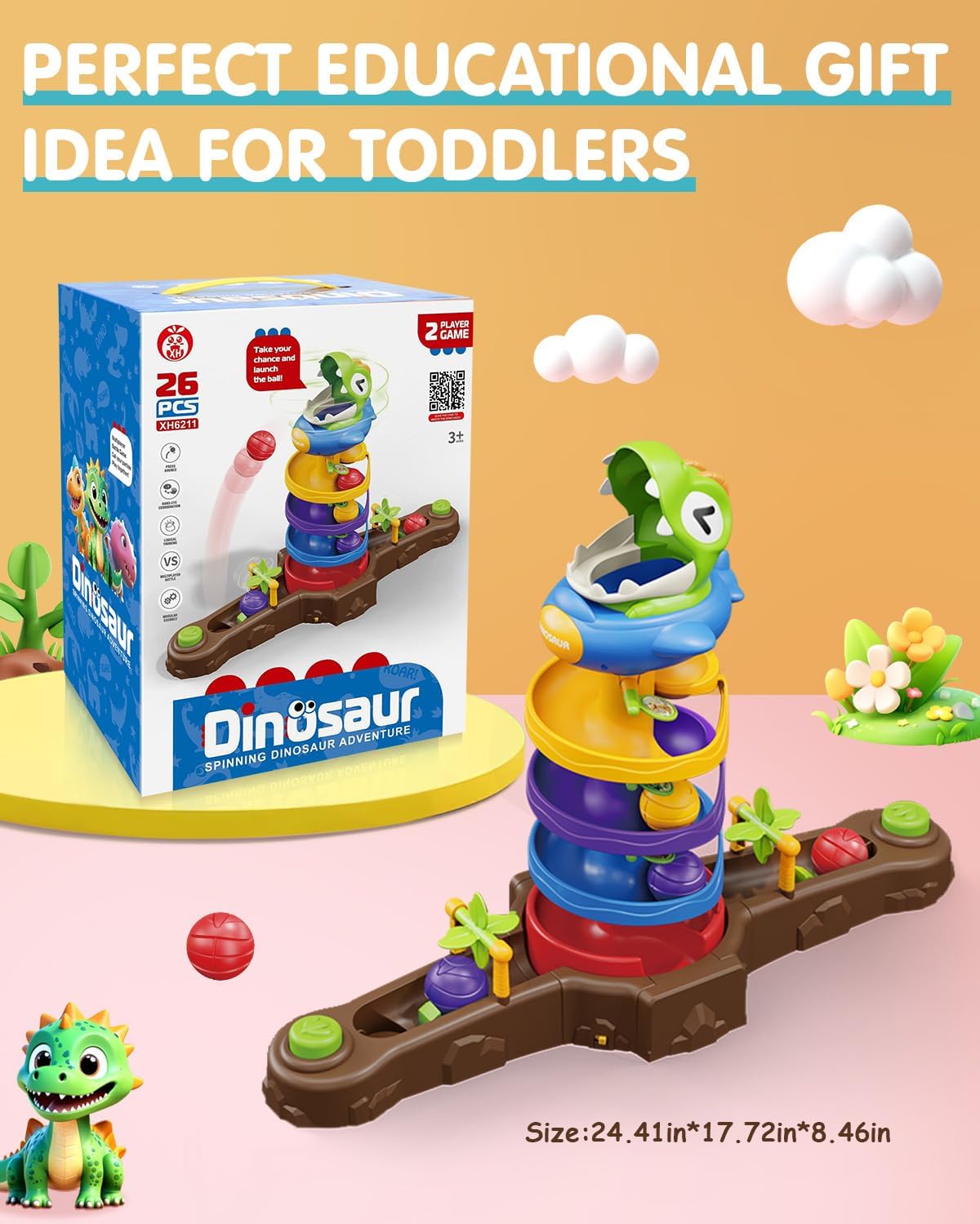 Dinosaur Ball Drop Toy for 3 4 5 6 7 8 Years Old Kids, Dino Spin Twister Toddlers Toy, Shoot Balls Toddler Montessori Toys Gifts for 3-6 Year Old Boys Girls, 2 Players PK Mode